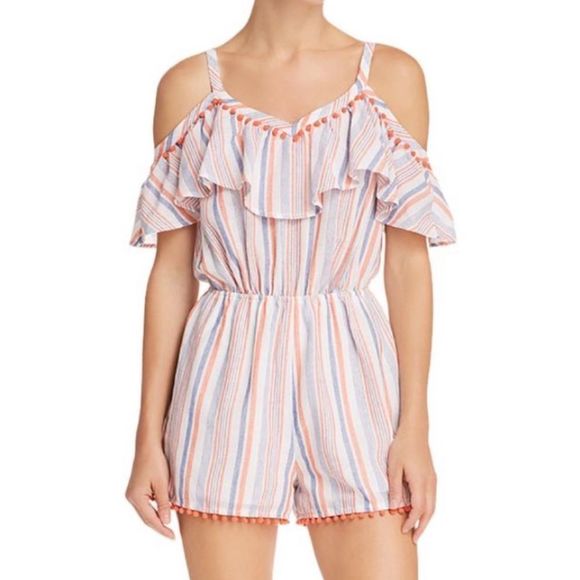 Moon River Ruffle Coral Stripe Cold Shoulder Pom Pom Vacation Romper Size Small - Picture 1 of 12